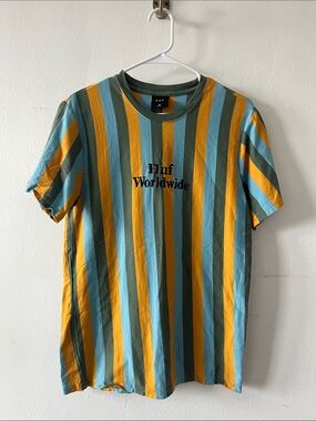 HUF Striped Crew Tee — Blue, Yellow, Green